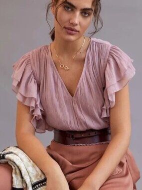 NWT Anthro Forever That Girl Lilac Smocked Ruffle Cropped Blouse, XS